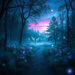an ethereal forest at twilight, filled with glowing, bioluminescent plants and soft mist swirling around the trees, a path winding through the woods leading to a magical clearing, where gentle fairies dance gently in the air, sparkling lights surrounding them, vibrant colors of blues and purples in the sky, creating a serene and enchanting atmosphere