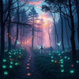 an ethereal forest at twilight, filled with glowing, bioluminescent plants and soft mist swirling around the trees, a path winding through the woods leading to a magical clearing, where gentle fairies dance gently in the air, sparkling lights surrounding them, vibrant colors of blues and purples in the sky, creating a serene and enchanting atmosphere