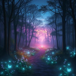 an ethereal forest at twilight, filled with glowing, bioluminescent plants and soft mist swirling around the trees, a path winding through the woods leading to a magical clearing, where gentle fairies dance gently in the air, sparkling lights surrounding them, vibrant colors of blues and purples in the sky, creating a serene and enchanting atmosphere