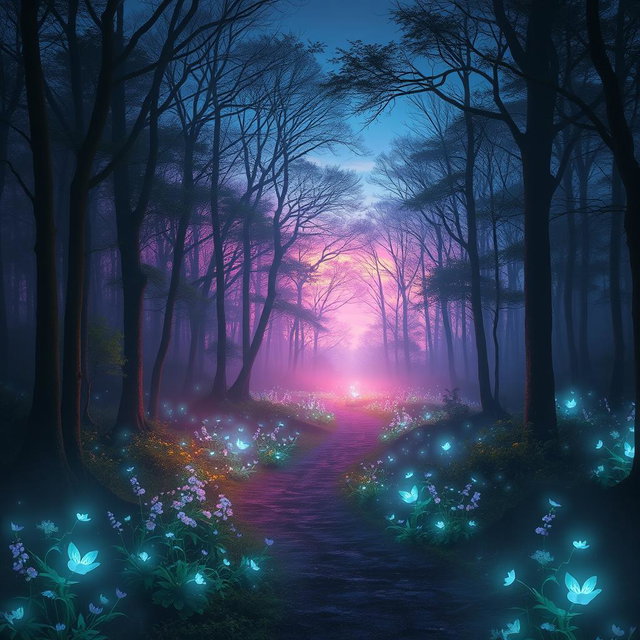 an ethereal forest at twilight, filled with glowing, bioluminescent plants and soft mist swirling around the trees, a path winding through the woods leading to a magical clearing, where gentle fairies dance gently in the air, sparkling lights surrounding them, vibrant colors of blues and purples in the sky, creating a serene and enchanting atmosphere