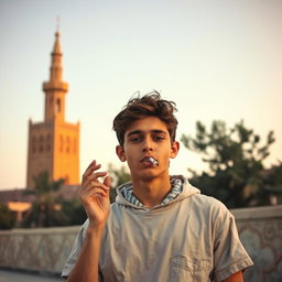A teenage boy casually smoking a cigarette, positioned against the backdrop of the iconic Gonbad-e Qabus tower in Gonbad Kavus, Iran