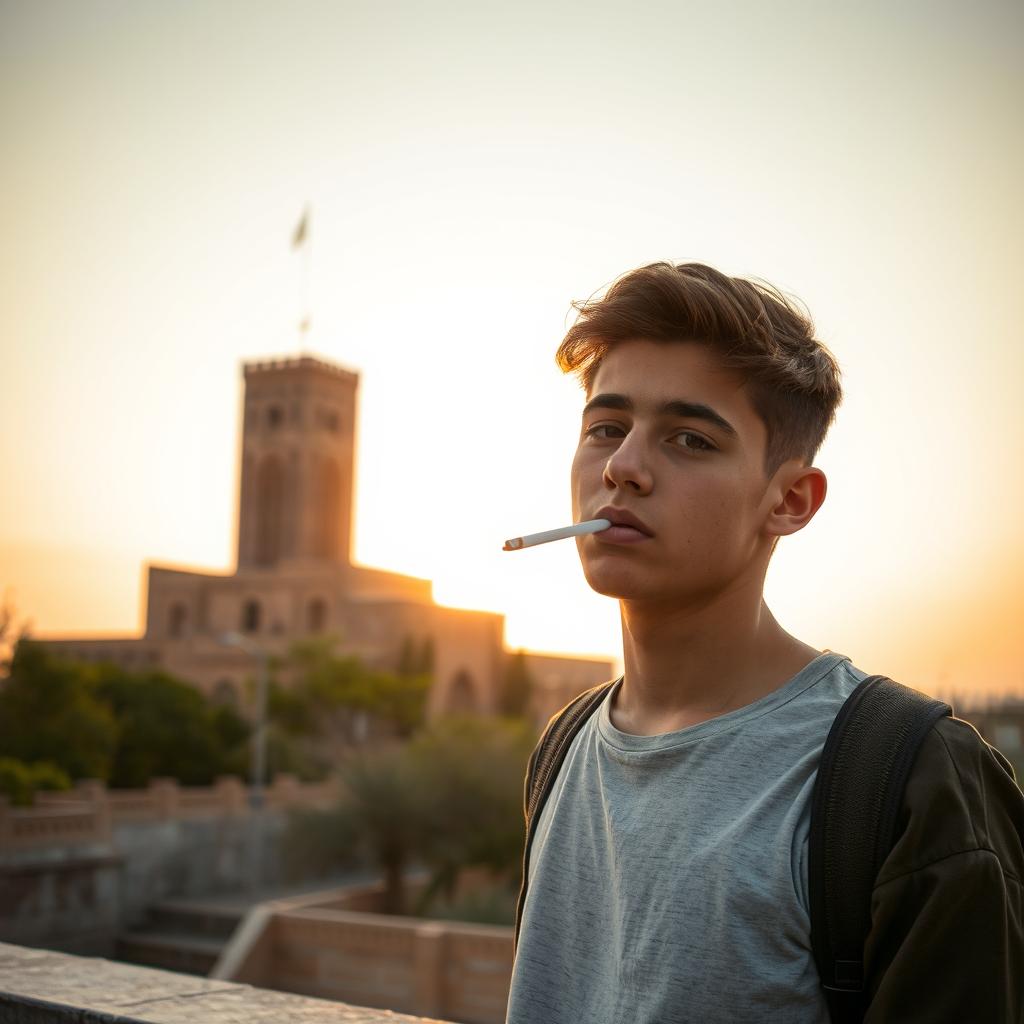 A teenage boy casually smoking a cigarette, positioned against the backdrop of the iconic Gonbad-e Qabus tower in Gonbad Kavus, Iran