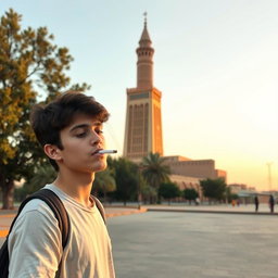 A teenage boy casually smoking a cigarette, positioned against the backdrop of the iconic Gonbad-e Qabus tower in Gonbad Kavus, Iran