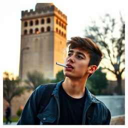 A teenage boy casually smoking a cigarette, positioned against the backdrop of the iconic Gonbad-e Qabus tower in Gonbad Kavus, Iran