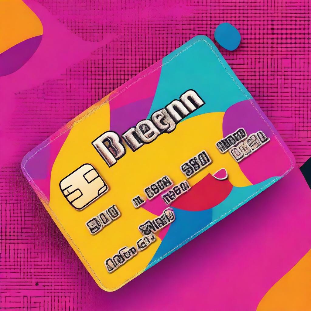 A vivid, colourful credit card design, rendered in a pop-art style featuring bold colours and strong graphical elements, with all personal details omitted for privacy.