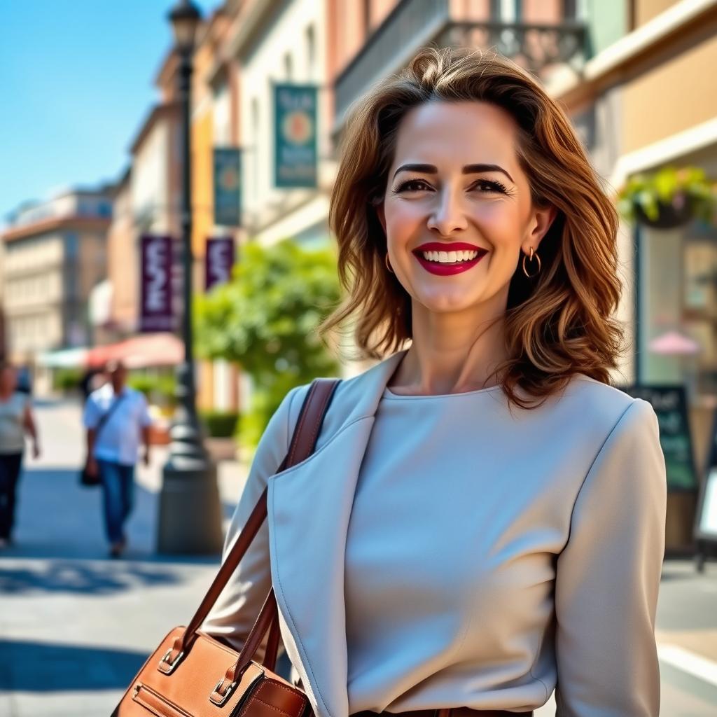 A beautiful woman aged 40, standing confidently on a vibrant city street