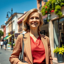 A beautiful woman aged 40, standing confidently on a vibrant city street