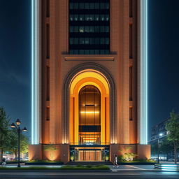 A modern skyscraper showcasing a stunning blend of tradition and modernity, primarily constructed with brick façade