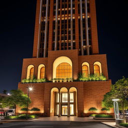 A modern skyscraper showcasing a stunning blend of tradition and modernity, primarily constructed with brick façade