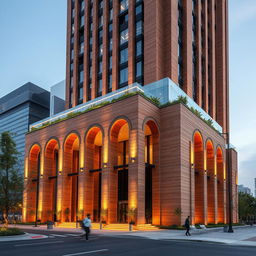 A modern skyscraper showcasing a stunning blend of tradition and modernity, primarily constructed with brick façade