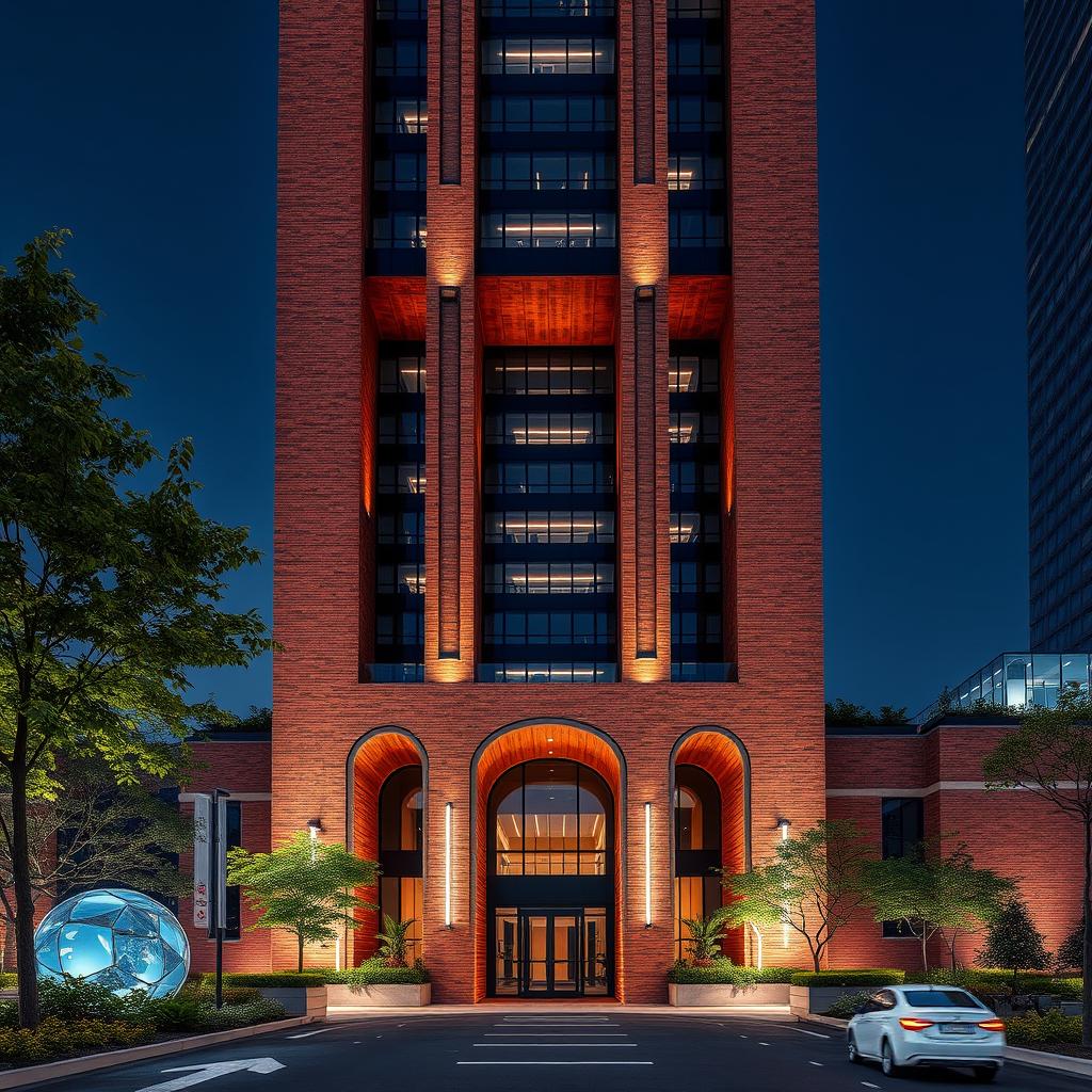 A modern skyscraper showcasing a stunning blend of tradition and modernity, primarily constructed with brick façade