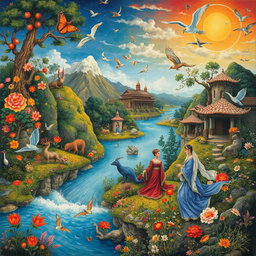 A vibrant and intricate painting style inspired by Mahmoud Farshchian, featuring fantastical elements and themes from Persian mythology