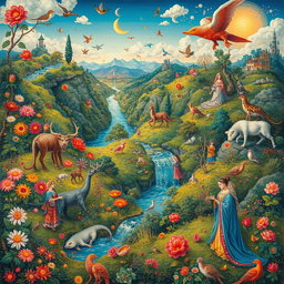 A vibrant and intricate painting style inspired by Mahmoud Farshchian, featuring fantastical elements and themes from Persian mythology