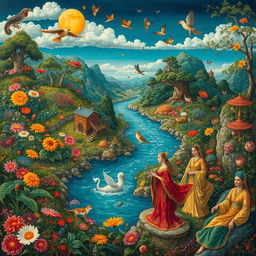 A vibrant and intricate painting style inspired by Mahmoud Farshchian, featuring fantastical elements and themes from Persian mythology