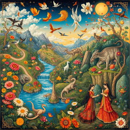 A vibrant and intricate painting style inspired by Mahmoud Farshchian, featuring fantastical elements and themes from Persian mythology