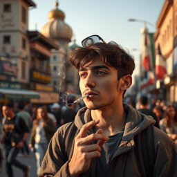 A young man in Iran smoking a cigarette, capturing the essence of urban life in Tehran