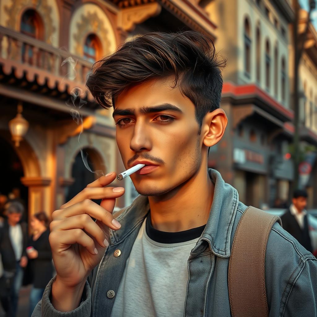 A young man in Iran smoking a cigarette, capturing the essence of urban life in Tehran