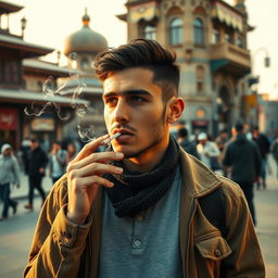 A young man in Iran smoking a cigarette, capturing the essence of urban life in Tehran