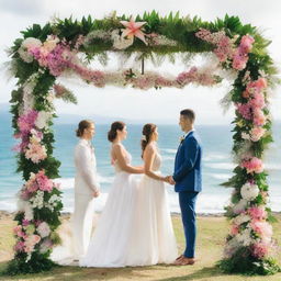 An intimate wedding ceremony taking place in Cairns, Australia, overlooking the breathtaking sea view, with the bride and groom standing under decorated floral arch.