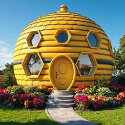 A one storey house designed in the concept of a bee hive, featuring a round, yellow and black striped exterior reminiscent of honeycomb