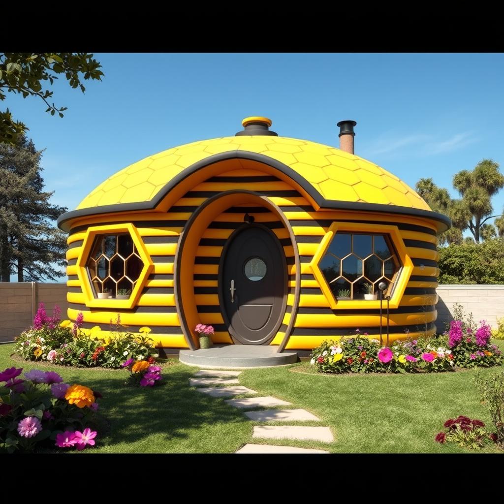 A one storey house designed in the concept of a bee hive, featuring a round, yellow and black striped exterior reminiscent of honeycomb
