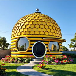 A one storey house designed in the concept of a bee hive, featuring a round, yellow and black striped exterior reminiscent of honeycomb