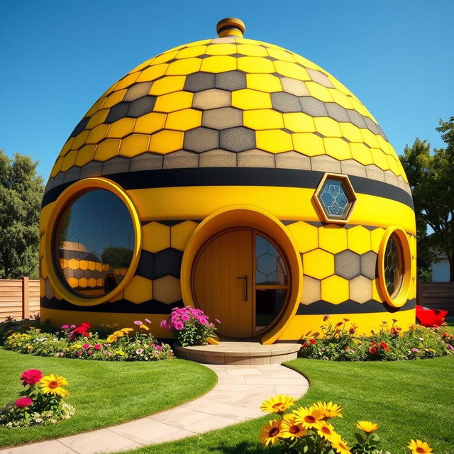 A one storey house designed in the concept of a bee hive, featuring a round, yellow and black striped exterior reminiscent of honeycomb