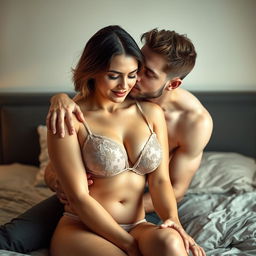 A romantic scene featuring a 35-year-old man with pure white skin, affectionately hugging a beautiful 28-year-old woman from behind