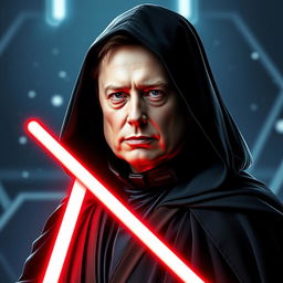 A creatively imagined depiction of Elon Musk styled as Darth Sidious, with a dark cape, sinister hood, and a lighting effect illuminating his face in a menacing manner