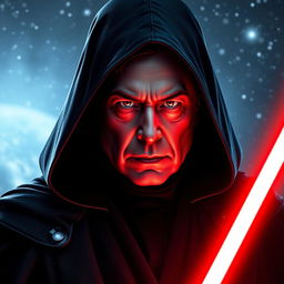 A creatively imagined depiction of Elon Musk styled as Darth Sidious, with a dark cape, sinister hood, and a lighting effect illuminating his face in a menacing manner