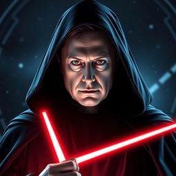 A creatively imagined depiction of Elon Musk styled as Darth Sidious, with a dark cape, sinister hood, and a lighting effect illuminating his face in a menacing manner