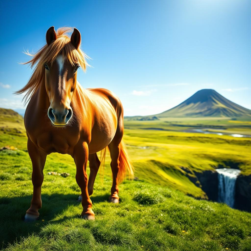 A majestic Icelandic horse standing proudly on a stunning green hillside under a clear blue sky