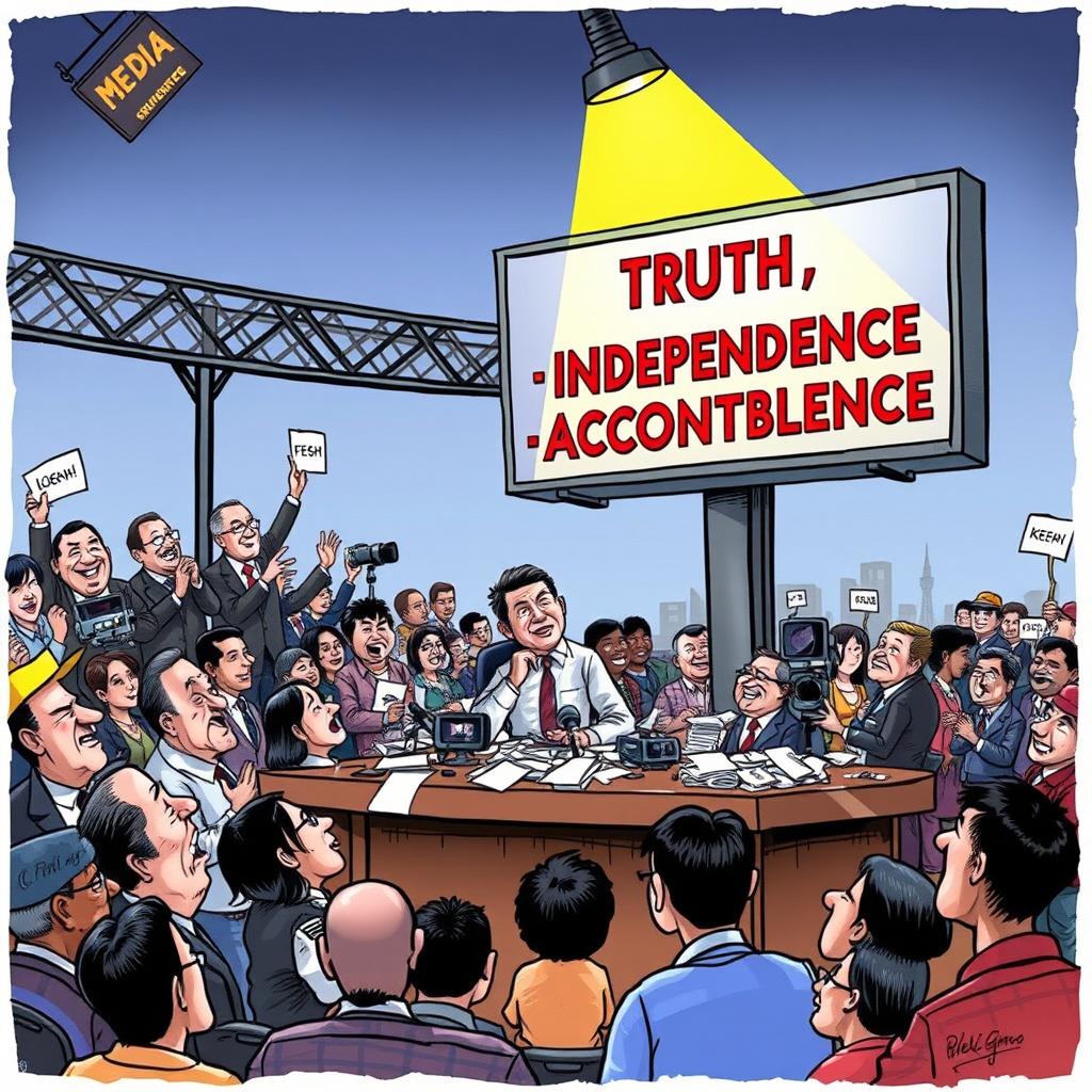 A political cartoon illustrating the performance of Philippine media in a democratic society