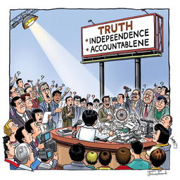 A political cartoon illustrating the performance of Philippine media in a democratic society