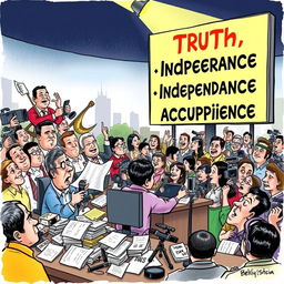 A political cartoon illustrating the performance of Philippine media in a democratic society