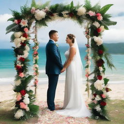 An intimate wedding ceremony taking place in Cairns, Australia, overlooking the breathtaking sea view, with the bride and groom standing under decorated floral arch.