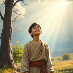 A scene depicting the young prophet Jeremiah in the Old Testament at the moment he receives his divine calling from God