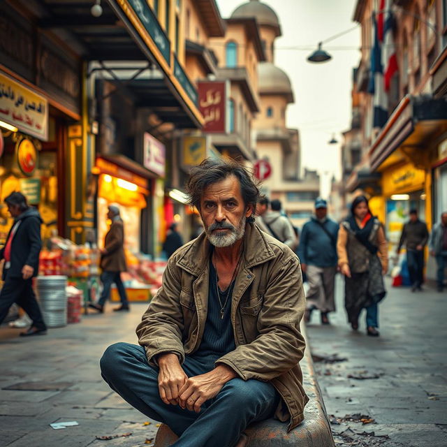 A vivid portrayal of a street scene in Iran with a focus on a single male addict, sitting on the curbs of a bustling market