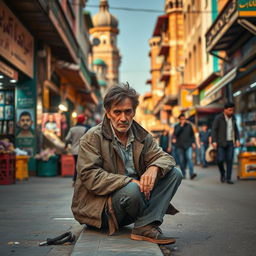 A vivid portrayal of a street scene in Iran with a focus on a single male addict, sitting on the curbs of a bustling market