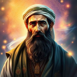 A highly detailed portrait of Imam Hussein Ibn Ali, depicted in a dignified and noble manner, wearing traditional Islamic attire