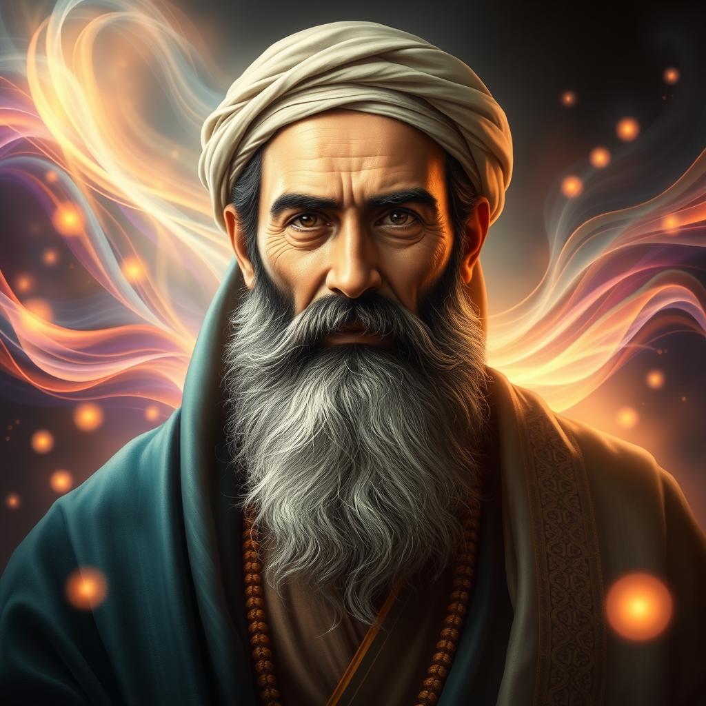 A highly detailed portrait of Imam Hussein Ibn Ali, depicted in a dignified and noble manner, wearing traditional Islamic attire