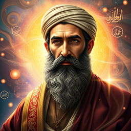 A highly detailed portrait of Imam Hussein Ibn Ali, depicted in a dignified and noble manner, wearing traditional Islamic attire