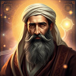 A highly detailed portrait of Imam Hussein Ibn Ali, depicted in a dignified and noble manner, wearing traditional Islamic attire