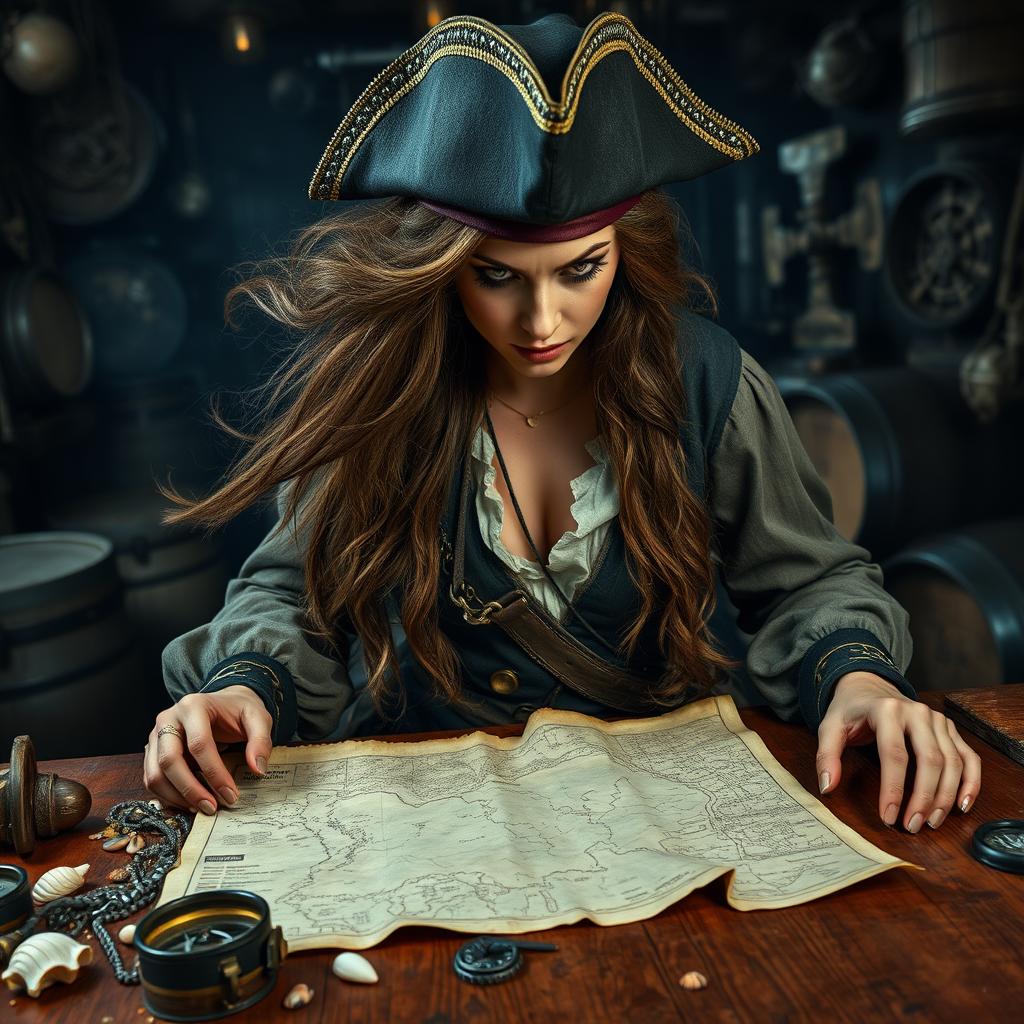 A fierce pirate woman with long flowing hair, dressed in a tattered yet stylish pirate outfit with a tricorn hat