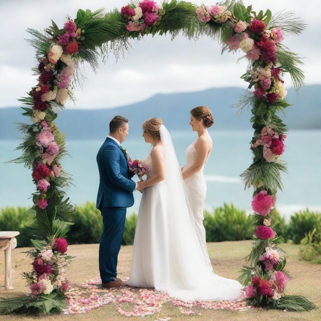 An intimate wedding ceremony taking place in Cairns, Australia, overlooking the breathtaking sea view, with the bride and groom standing under decorated floral arch.