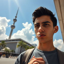 An Iranian teenager smoking a cigarette beside the Milad Tower in Iran, captured in a candid moment