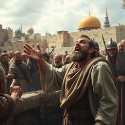 A powerful scene depicting the prophet Jeremiah in his 30s, delivering a passionate sermon to the inhabitants of Jerusalem during the Old Testament period