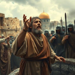 A powerful scene depicting the prophet Jeremiah in his 30s, delivering a passionate sermon to the inhabitants of Jerusalem during the Old Testament period