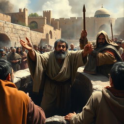 A powerful scene depicting the prophet Jeremiah in his 30s, delivering a passionate sermon to the inhabitants of Jerusalem during the Old Testament period