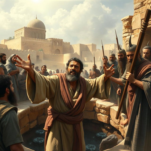 A powerful scene depicting the prophet Jeremiah in his 30s, delivering a passionate sermon to the inhabitants of Jerusalem during the Old Testament period